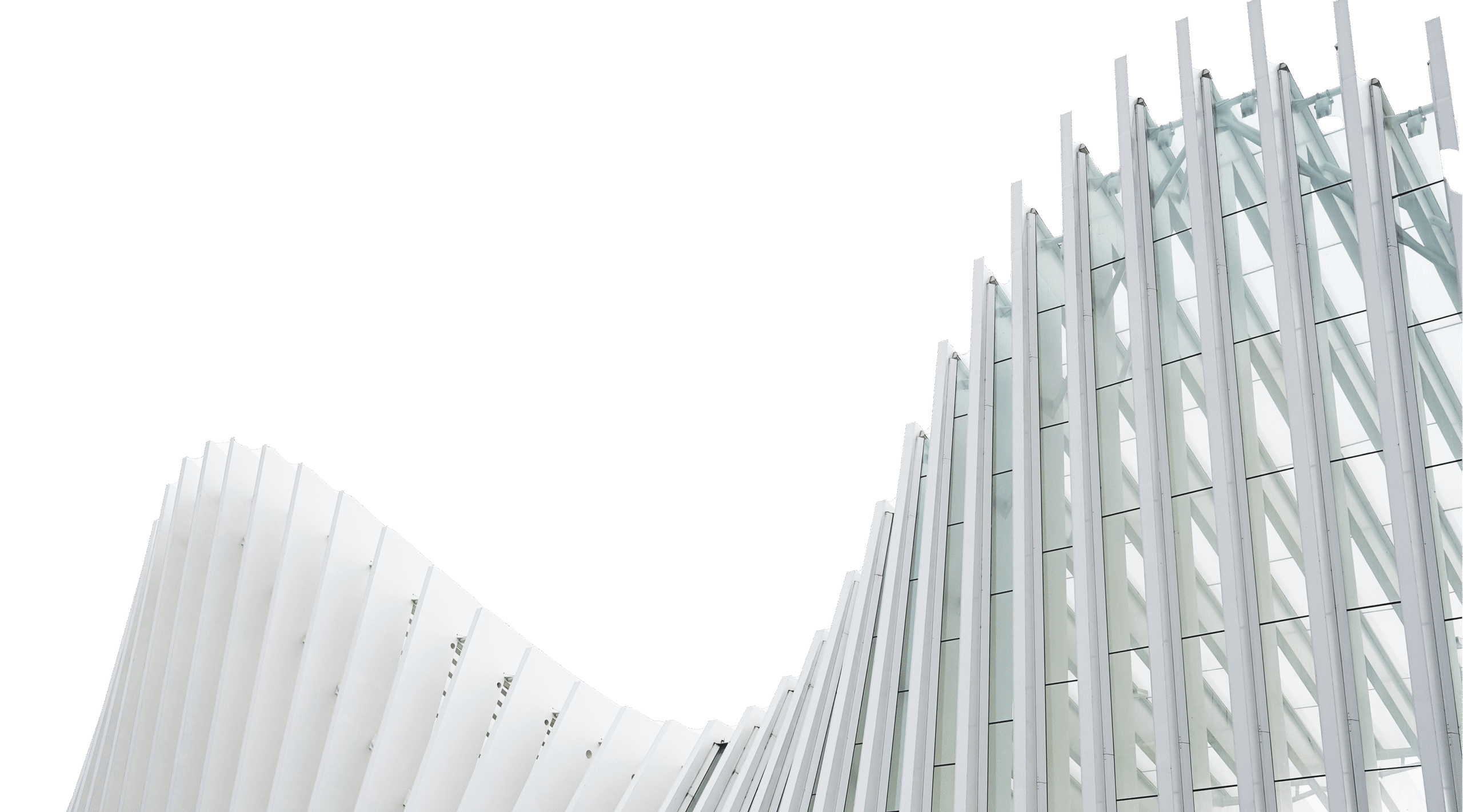horizontal shot abstract buildings with white metallic ribs glass windows